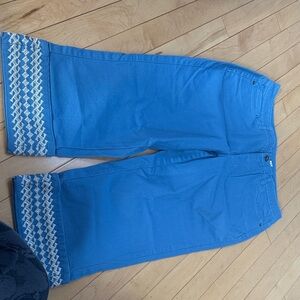 Blue Cropped Pants with White Embroidery
